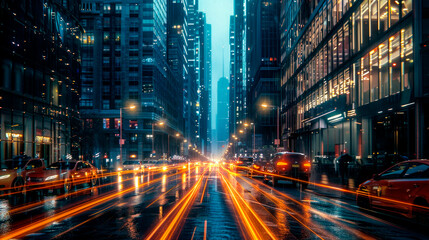 The hustle and bustle urban scene, streams of car lights under the city skyscrapers.