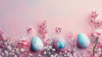 Obraz na płótnie Canvas A collection of shiny, iridescent Easter eggs with holographic design nestled among delicate spring blossoms, set against a soft pastel background, evoke the freshness of the spring season.