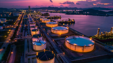 Aerial view oil and gas terminal storage tank farm,Tank farm storage chemical petroleum petrochemical refinery product, Business commercial trade fuel and energy transport by tanker vessel.