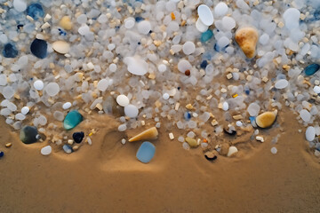 Fototapeta na wymiar Closeup to sea ocean beach sand with micro plastics. Top view. Environment, pollution, plastic waste concept