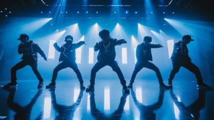Dynamic silhouette of dancers or boys band performing on stage with striking neon lights creating a...