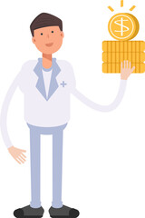 Physician Character Holding Dollar Coins
