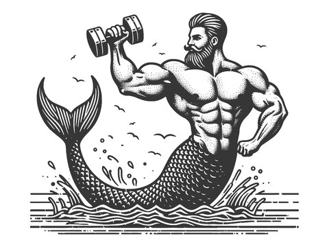 Strongman muscular merman athlete with a beard, lifting a dumbbell in the sea sketch engraving generative ai fictional character raster illustration. Scratch board imitation. Black and white image.