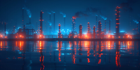 Industrial Illumination Oil Refinery at Night, industrial zone with powerful factories and plants operating at full capacity, 

