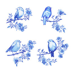 Set blue robin bird sitting on a branch in Toile de Jouy fabric style. Hand drawn monochrome watercolor painting illustration isolated on white background - 750505689