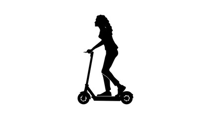 female rides a modern urban electric scooter, black isolated silhouette