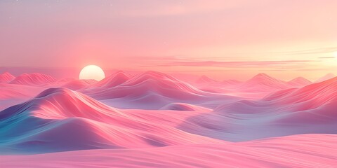 Otherworldly sunset landscape in red desert in unexpected colors with wavy dunes