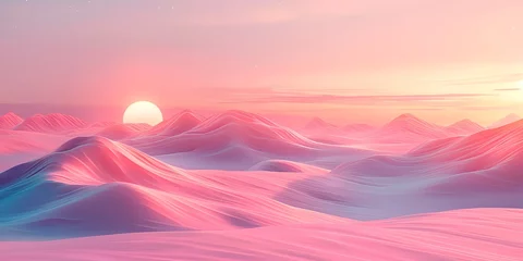 Schilderijen op glas Otherworldly sunset landscape in red desert in unexpected colors with wavy dunes © HellSong