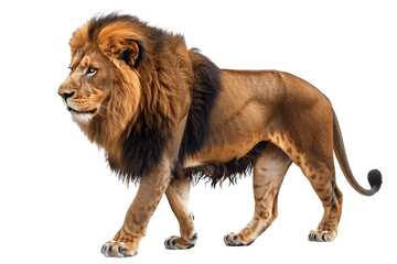 Side view of a male lion standing, isolated on transparent background. 