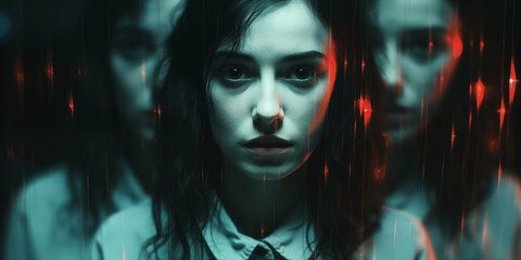 woman with mental and bipolar disorders. Portrait of a psychopath schizophrenic girl with hallucinations on a dark background - obrazy, fototapety, plakaty