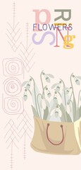 Card (poster) from isolated botanical, abstract and folklore elements on a pastel background with text. Digital illustration suitable for Mother's Day, International Women's Day,Valentine's Day,Easter