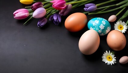 Fototapeta na wymiar three colorful easter eggs and spring flowers