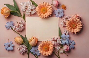Greeting card with copyspace background for International Women Day, beautiful spring flowers on pastel table.