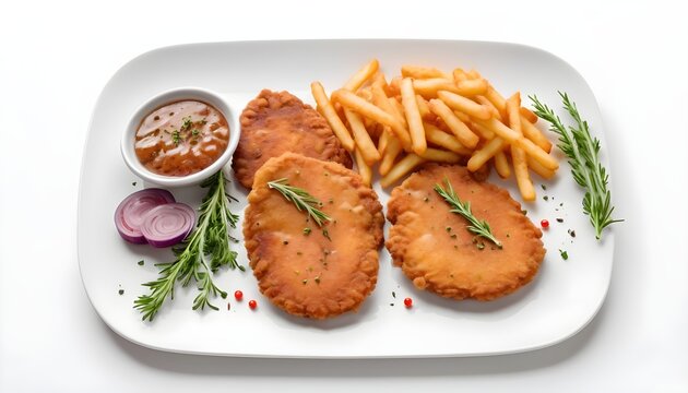 Viennese veal escalope, fried meat Schnitzel steak. white background. Top view