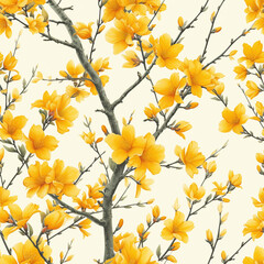 yellow bushes flower pattern, frameless pattern to enlarge and use as graphic element like background, tiles, ai generated