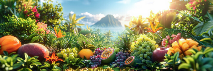 Various tropical fruits with tropical forrest background for web template and banner. - obrazy, fototapety, plakaty