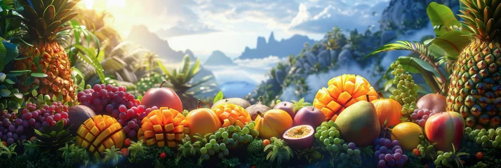Fotobehang Various tropical fruits with tropical forrest background for web template and banner. © torjrtrx