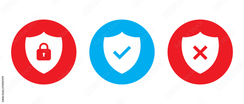 Poster set of security shield icon vector. shields with padlock, checkmark, and cross mark concept