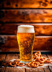 glass of beer and brezel. Selective focus.