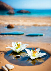 Fototapeta premium lily flower sea and stones. Selective focus.