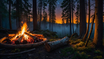Immerse yourself in the fascinating beauty of a cozy campfire in the forest. generative AI - obrazy, fototapety, plakaty