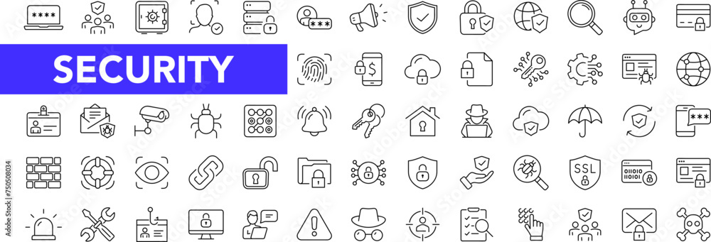Poster Security icon set with editable stroke. Cyber Security and internet protection thin line icon collection. Vector illustration