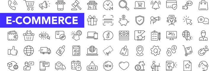 Fototapeta na wymiar E-Commerce icon set with editable stroke. Online shopping thin line icon collection. Vector illustration