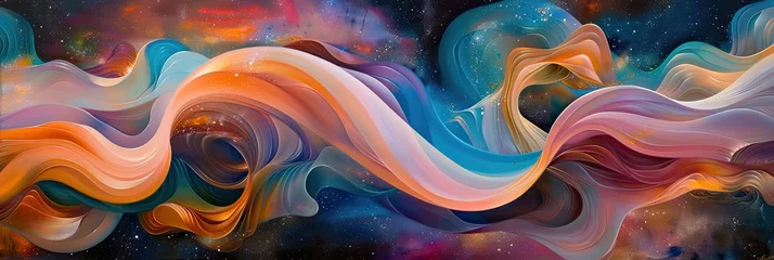 Fotobehang Abstract formations resembling planetary orbits and cosmic trajectories against a backdrop of swirling galaxies © PinkiePie