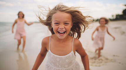 A a joyful little girl playing in a beach on a summer day. Girls running and playing on the beach. - obrazy, fototapety, plakaty