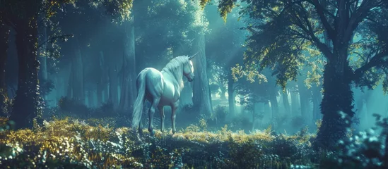 Fototapeten A fantasy mystical unicorn horse in the dark fairy forest scene. AI generated image © yusufadi