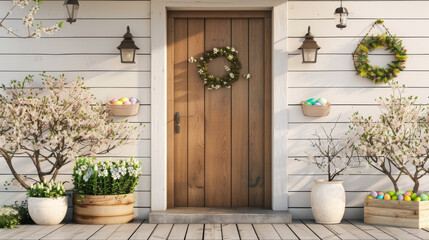 A welcoming front modern door scene adorned with Easter eggs, spring flowers, and festive decorations, capturing the essence of a cheerful springtime entryway. - obrazy, fototapety, plakaty
