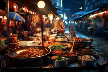 Street Food Delight: A colorful shot of a street food market, capturing the diverse and delicious offerings of local culinary delights.

 - obrazy, fototapety, plakaty