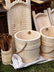  Imitations of old wooden vessels in knight camp at the festival of historical reconstruction