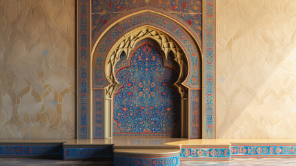 Sunlight bathes a tranquil corner featuring a Arabic arch with podium and elaborate arabesque patterns, reflecting the artistry of Islamic design.