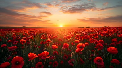 Fototapeta na wymiar Colorful poppy field at sunset sun setting low casting warm glow. Concept Nature Photography, Landscape, Sunset, Flower Fields, Golden Hour