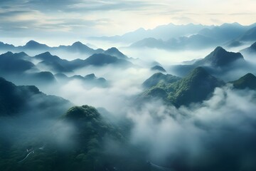 Mystical Mountain Mist: A mountainous landscape shrouded in mist, creating a mystical and ethereal atmosphere.

