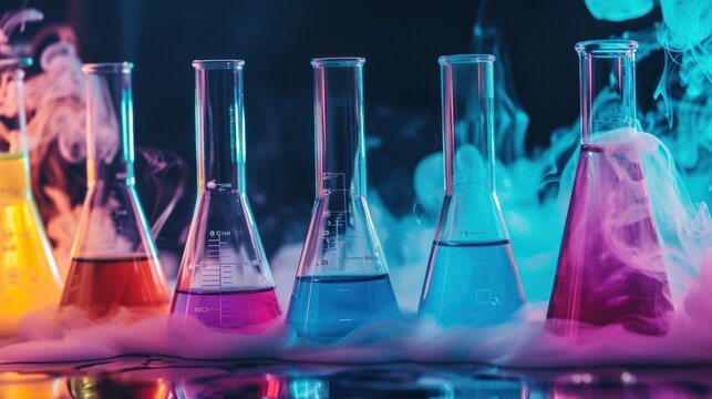 different test tubes with colored liquid in the laboratory in a cloud of smoke, science week, banner