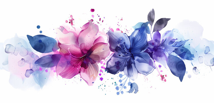 purple flowers, in watercolor, with splashes and water effects. Generative ai.