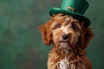 Cute puppy dog wearing a leprechaun hat. Saint Patrick's Day theme concept. St. Patricks day with green background, Irish holiday.