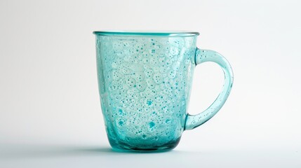 simple and elegant glass mug with a handle rests on a clean white table