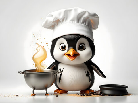 3D rendered Cute kawaii cartoon chef penguin cooking food isolated in white background