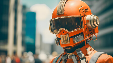 A humanoid engineer wears an orange helmet against a skyscraper background. This concept imagines a new era of humans, the employment of people in the future.