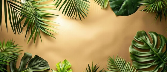 Naklejka premium The rich greenery of palm and monstera leaves is bathed in a golden glow, with sparkling light creating a magical and warm tropical ambiance.