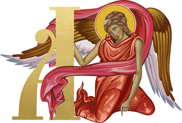 Angel with golden Cyrillic letter "?" in vintage religious style on white background