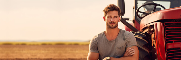 agriculture student, agricultural technology education learning experience practice fieldwork mentorship youth program, young man farmer standing near red tractor machinery, banner with copy space