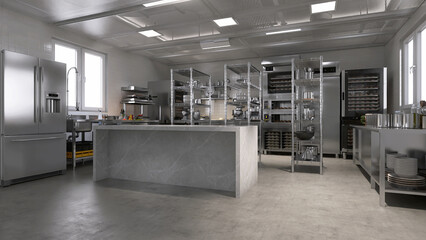 New, clean resin vinyl floor in commercial bakery kitchen, marble table counter, stainless steel...
