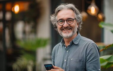 A smiling happy mature middle aged man holding cell mobile phone looking at camera