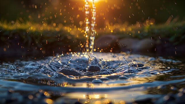 Golden hour shot of tranquil artesian well releasing pure flowing water. Concept Outdoor Photoshoot, Golden Hour, Tranquil, Artesian Well, Flowing Water