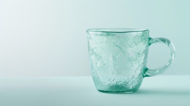 clear glass mug with a comfortable handle sits on a pristine white table