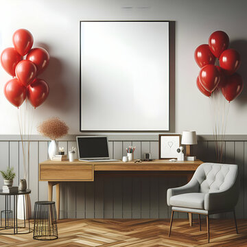 Mock up Poster in Interior Background, Working Room with Red Balloons
